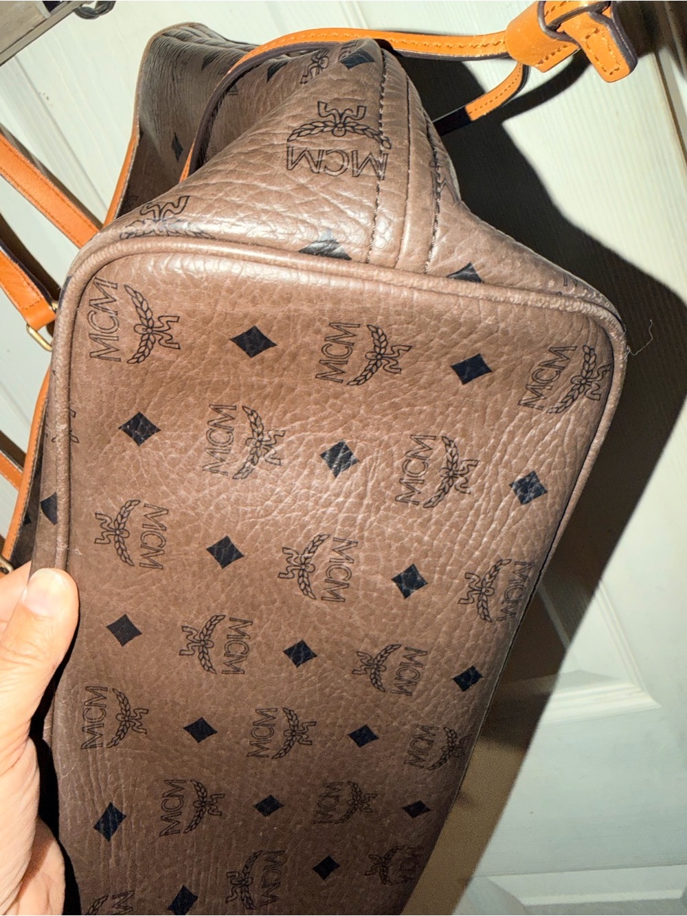 MCM Dark Brown Logo Tote with Tan Trim and Straps - Picture 7 of 8